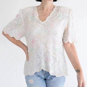 Vintage Laurence  Kazar White Pearl Watercolour Design Short Sleeve Blouse XL